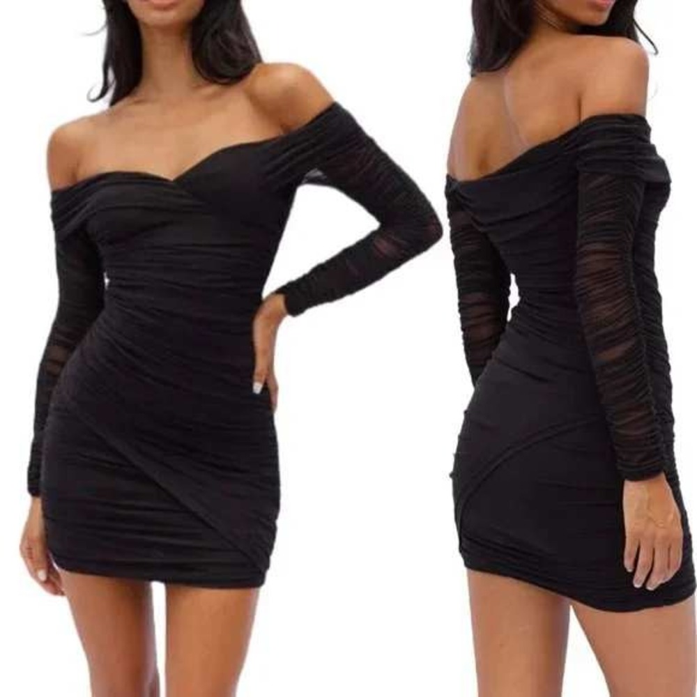 NEW Selfie Leslie Moonrise Off-Shoulder Long‎ Sleeve Ruched Dress Size XL Black